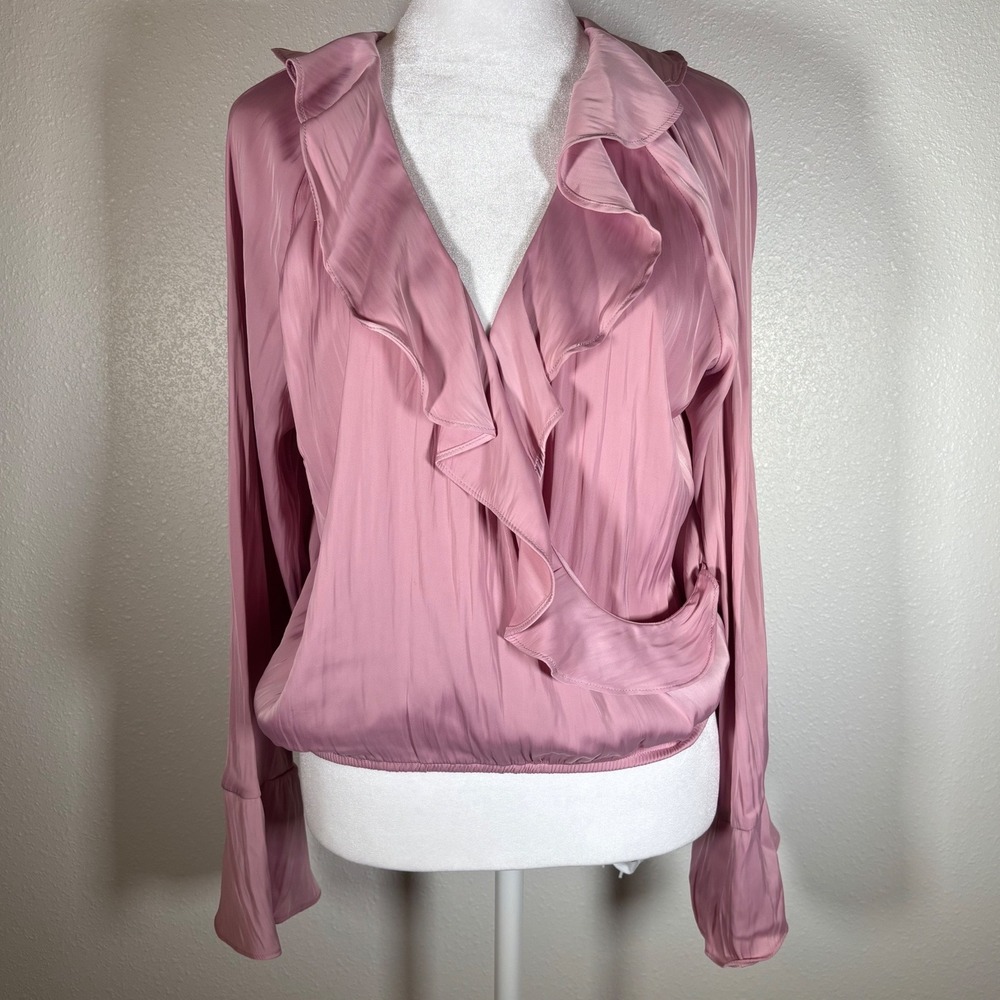 Fairycore Office Flowy VNeck Mauve Pink Ruffle Surplice Long Sleeve Blouse NWT M